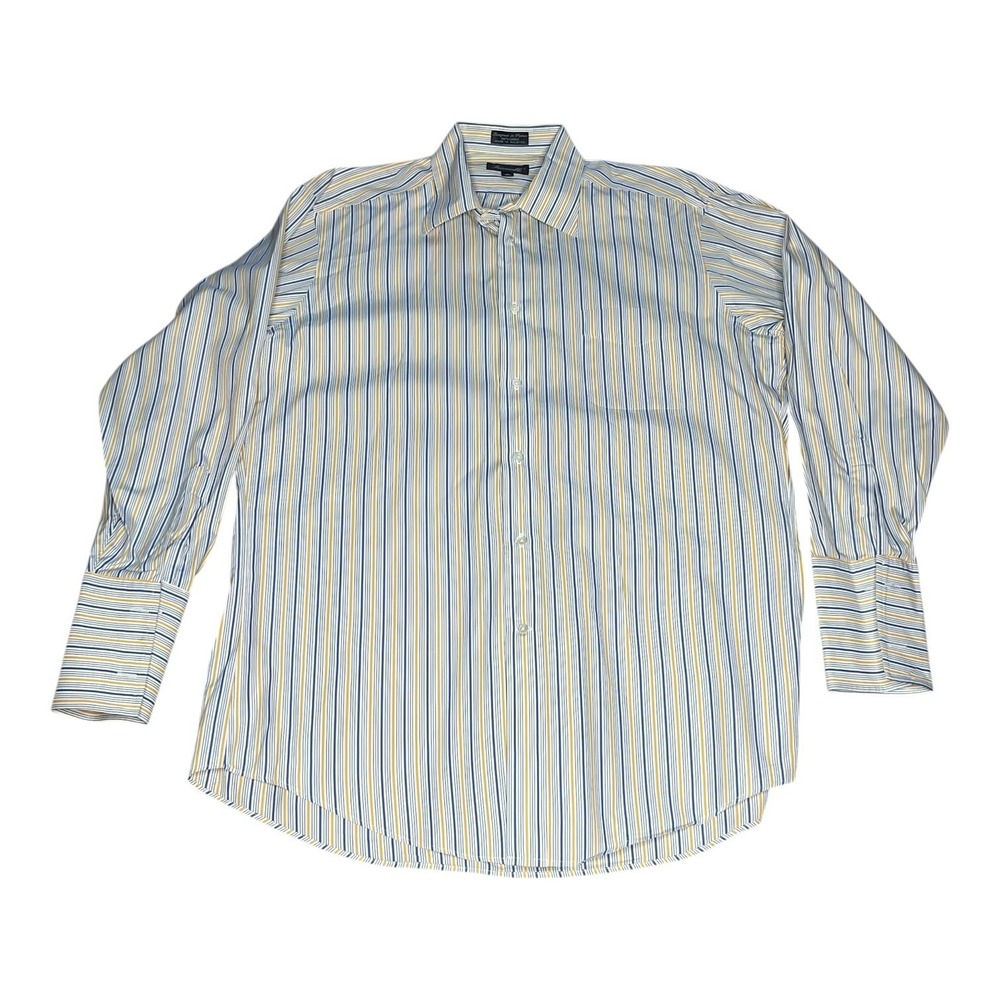 Faconnable Mens Striped Button Down Shirt 16.5 Blue Yellow Cotton French Cuff
